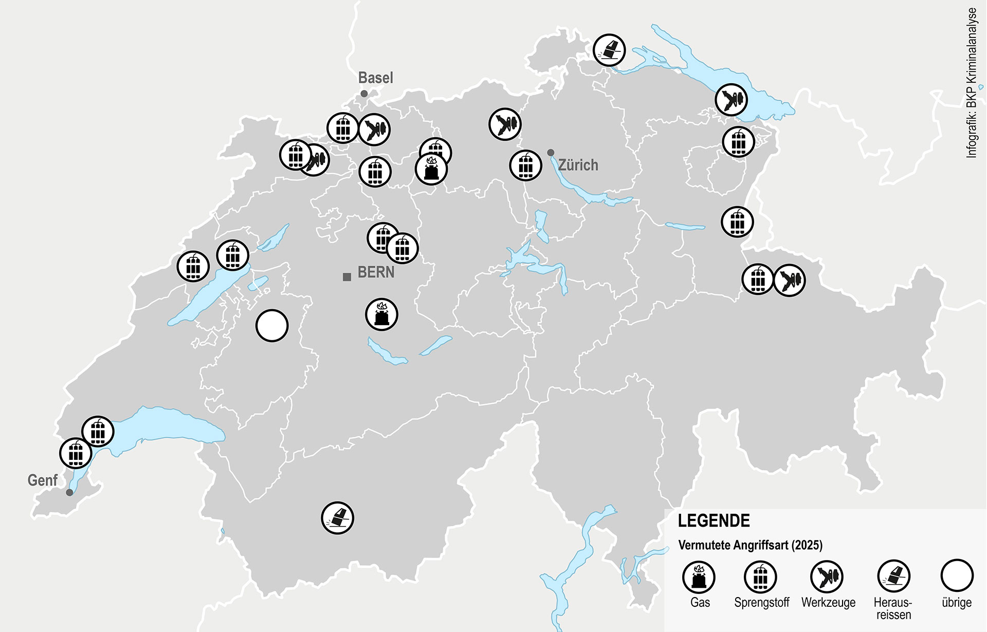 Infografik: Schweizerkarte mit Angaben zu Bancomat-Angriffen. Vermutete Angriffsarten (mit Gas, Sprengstoff, Werkzeuge, Herausgerissen)