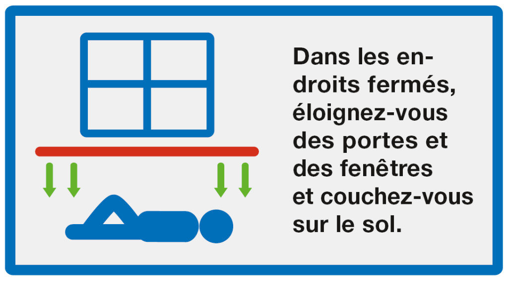 S'abriter: Dans les endroits fermés, éloignez-vous des portes et des fenêtres et couchez-vous sur le so