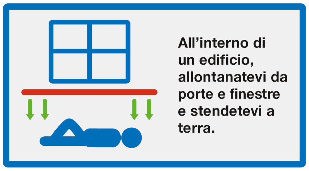 Nascondersi: All'interno di un edificio, allontanatevi da porte e finestre e stendetevi a terra