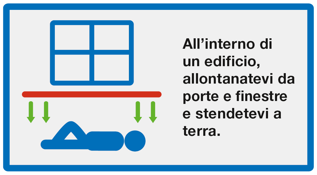 Nascondersi: All'interno di un edificio, allontanatevi da porte e finestre e stendetevi a terra