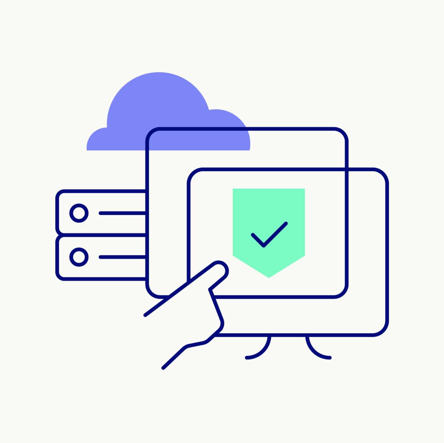 Symbolic illustration for IT Service Centre FDJP services with server, cloud, screen and security