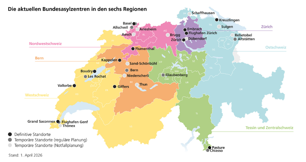 Karte der Schweiz mit den aktuellen Bundesasylzentren in den sechs Regionen