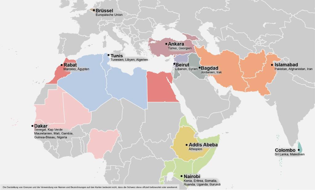 Eine Landkarte von Europa, Afrika und bis Sri Lanka zeigt die acht Standorte der Schweizer Immigration Liaison Officers in Ankara, Beirut, Tunis, Dakar, Abuja, Khartum, Addis Abeba und Colombo.