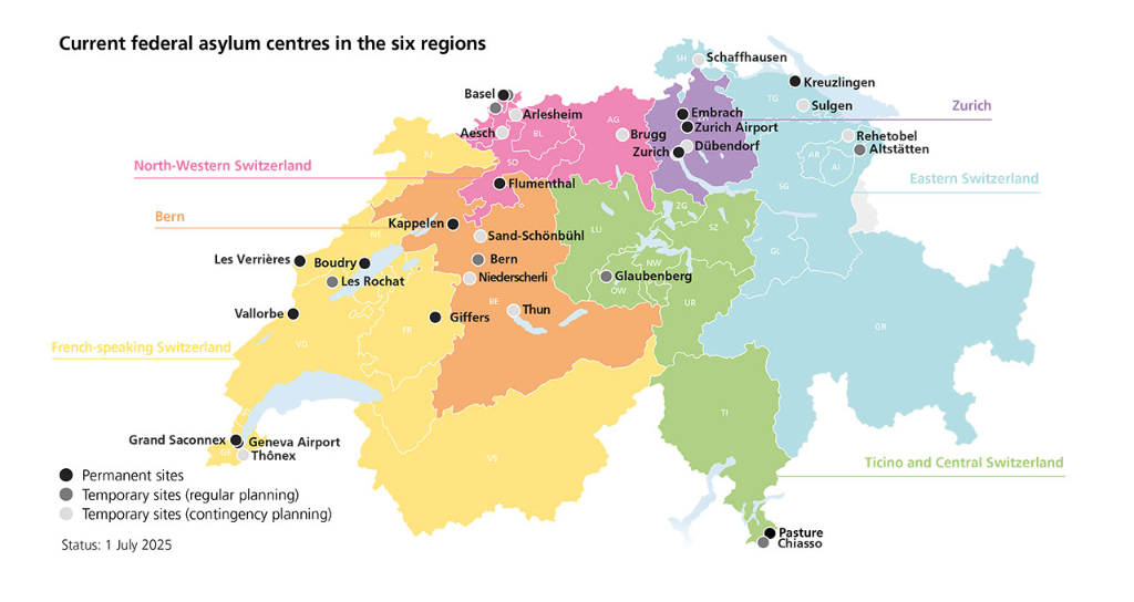 Map of Switzerland with the current federal asylum centres in the six regions