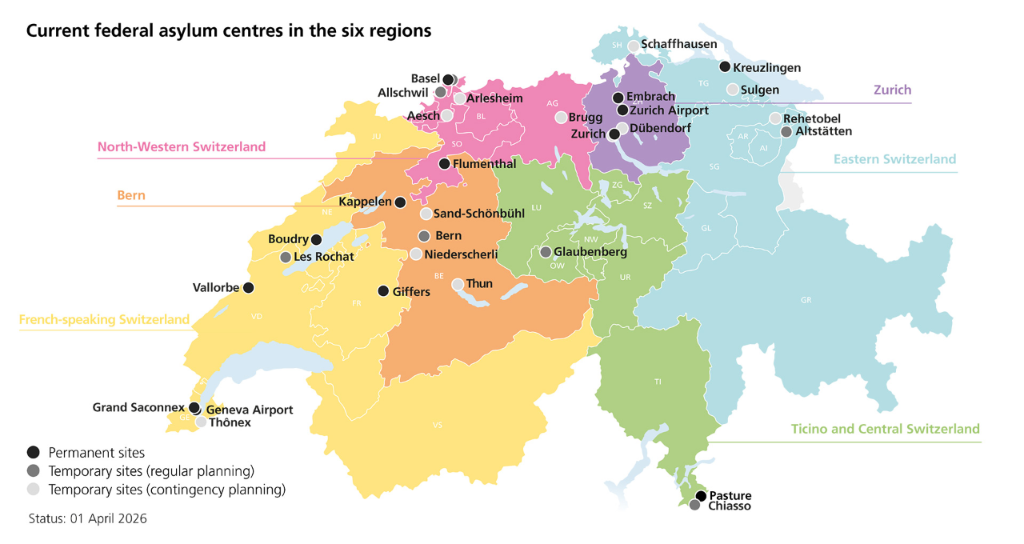 Map of Switzerland with the current federal asylum centres in the six regions