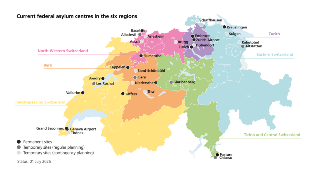 Map of Switzerland with the current federal asylum centres in the six regions