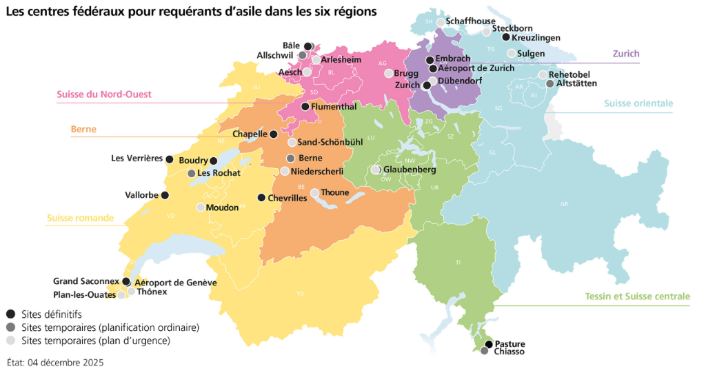 Carte de la Suisse avec les centres fédéraux pour requérants d’asile dans les six régions