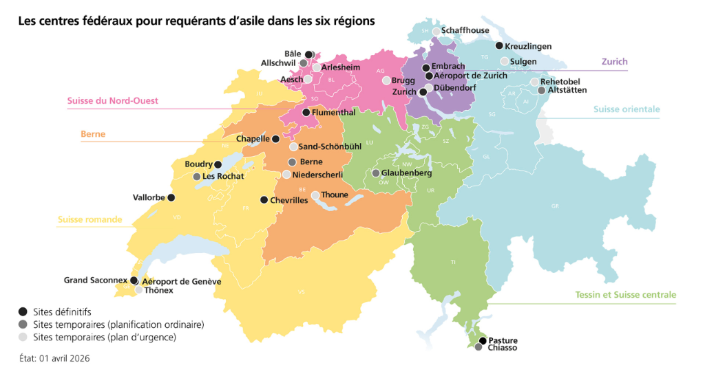 Carte de la Suisse avec les centres fédéraux pour requérants d’asile dans les six régions
