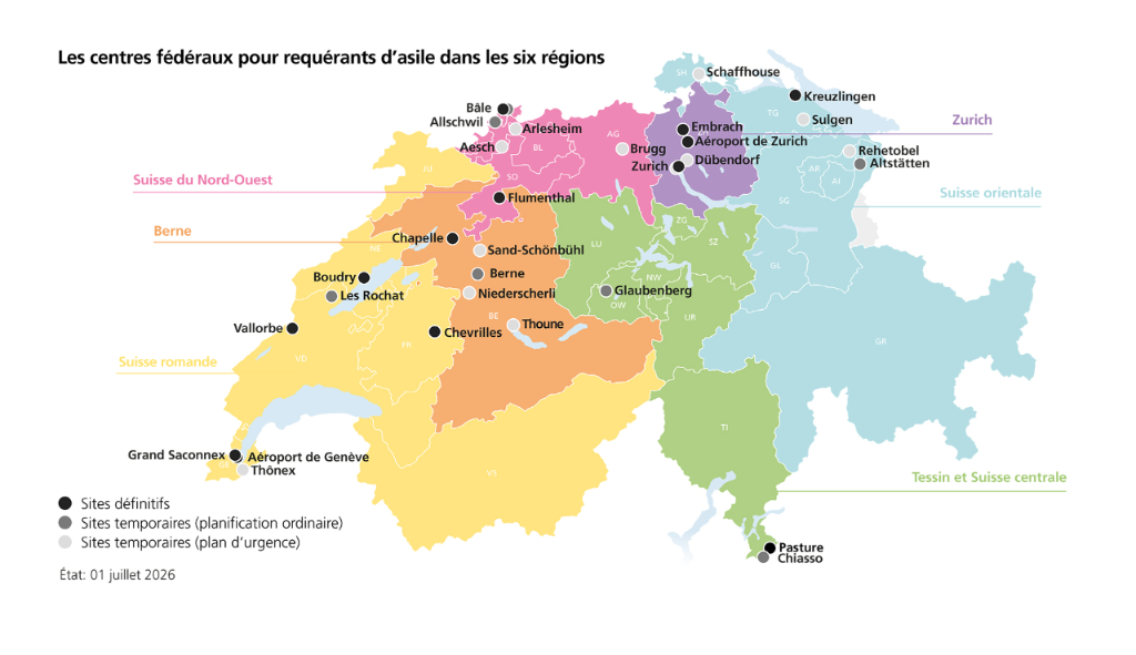 Carte de la Suisse avec les centres fédéraux pour requérants d’asile dans les six régions