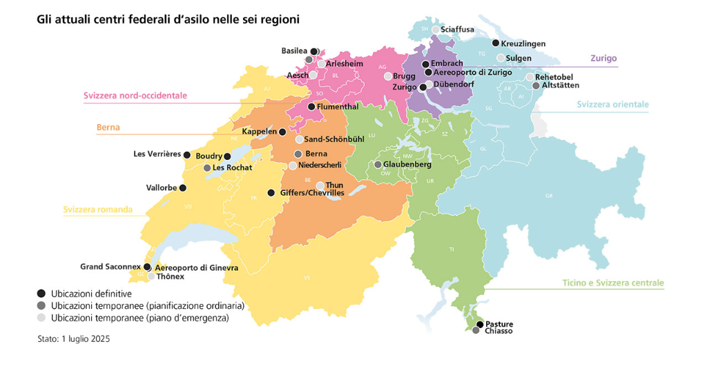 Carta della Svizzera con gli attuali centri federali d’asilo nelle sei regioni