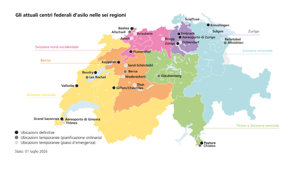 Carta della Svizzera con gli attuali centri federali d’asilo nelle sei regioni